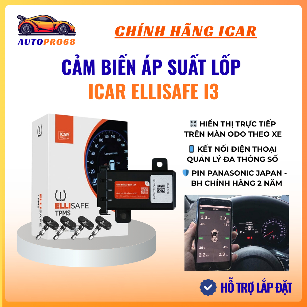 Cảm Biến Áp Suất Lốp ICAR Ellisafe i3 - Van Gắn Trong Theo Xe Hiển Thị Màn ODO, Bảo Hành Chính Hãng