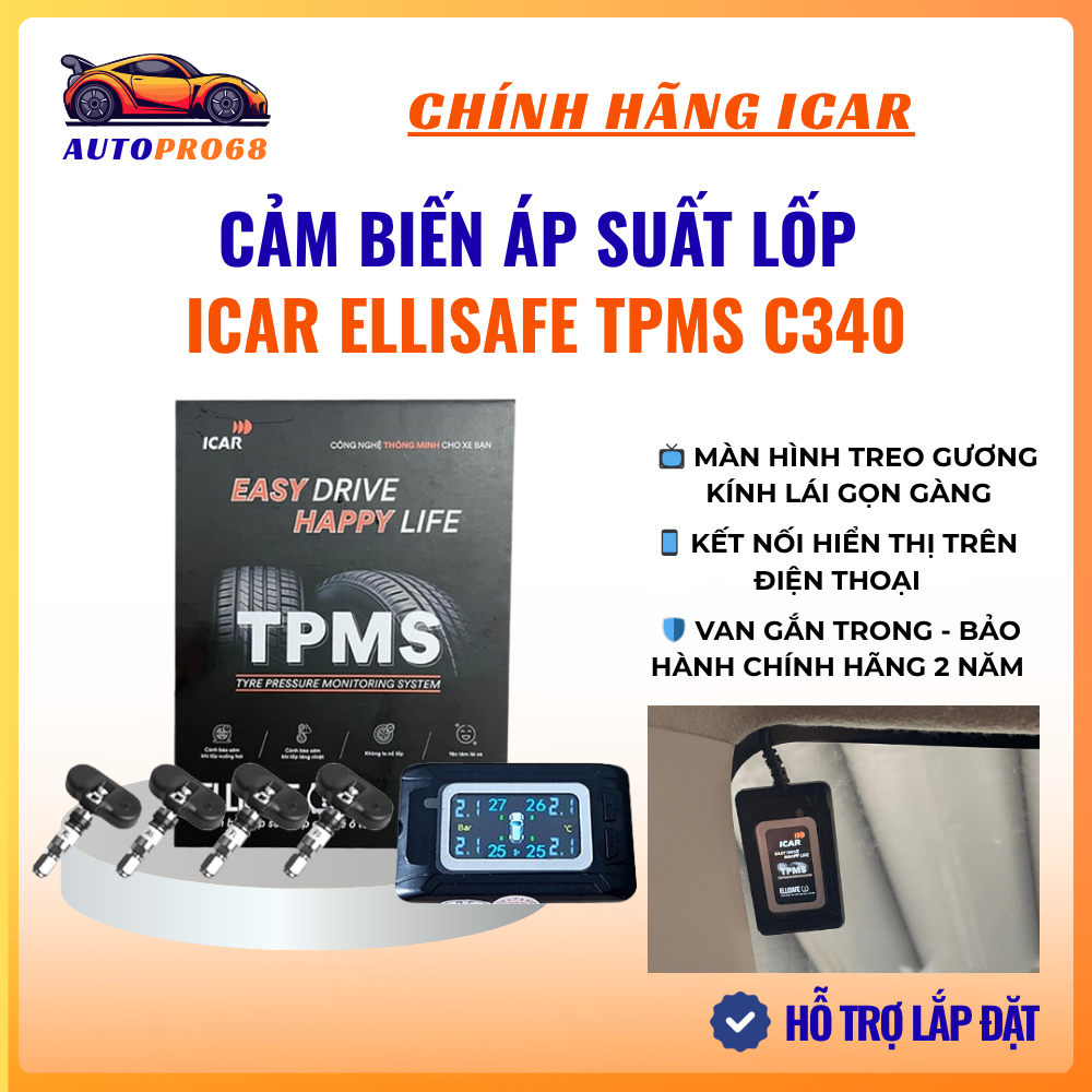 Cảm Biến Áp Suất Lốp Icar TPMS C340 Dán Treo Gương Kính Lái - Van Gắn Trong Có Màn Hình Treo