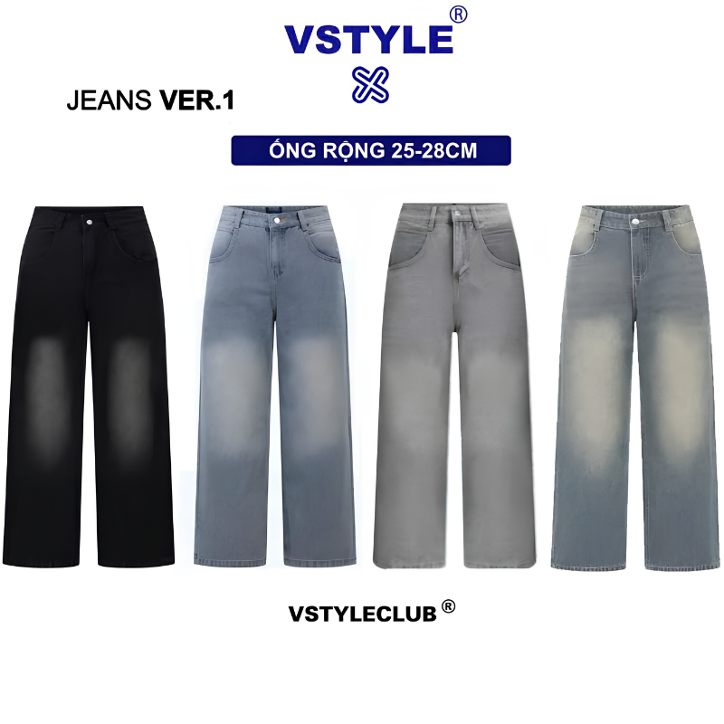 VSTYLE - Quần Jeans Suông Ống Rộng Wash Cạp Cao, Form Rộng, Quần Bò Ống Rộng Suông Lưng Cao, Form Un