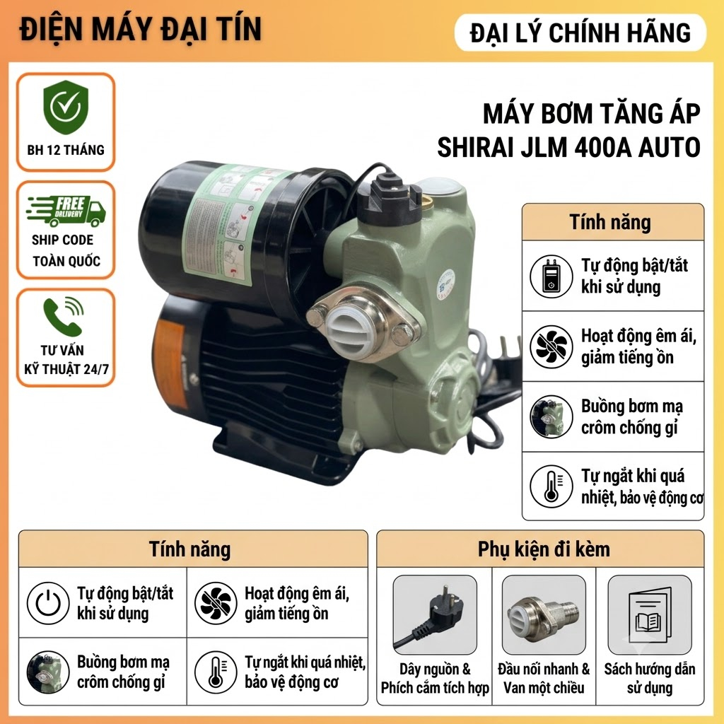 Máy bơm tăng áp điện tử tự mồi Shirai JLM 400A Auto 400W (chính hãng có Vat)