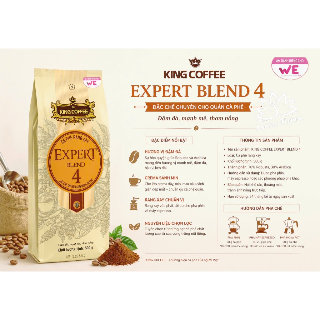 Cà phê Rang Xay King coffee Expert Blend 4 hạt cà phê thượng hạn Culi Arabica và Culi Robusta túi 50