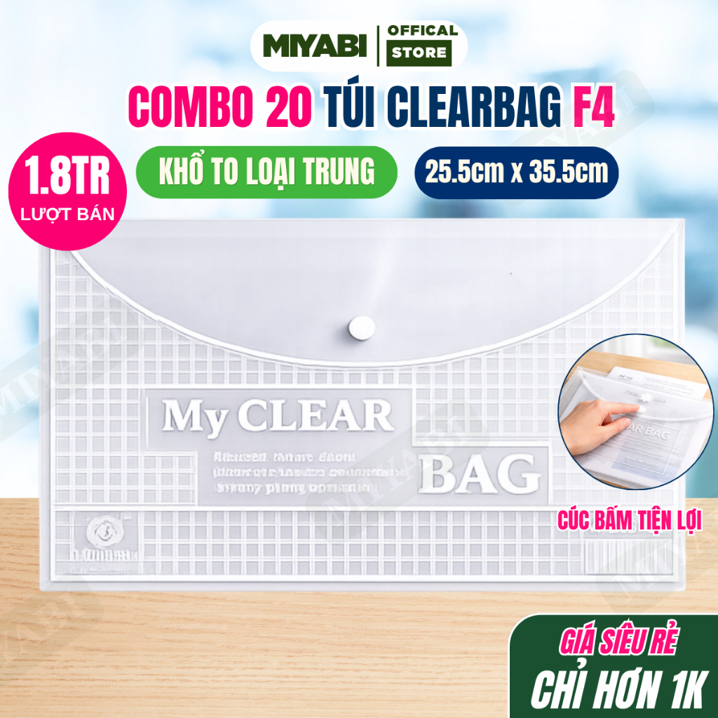 Combo 20 Túi clear đựng tài liệu văn phòng phẩm khổ F4 trong suốt - Túi clear bag khổ to - MIYABI