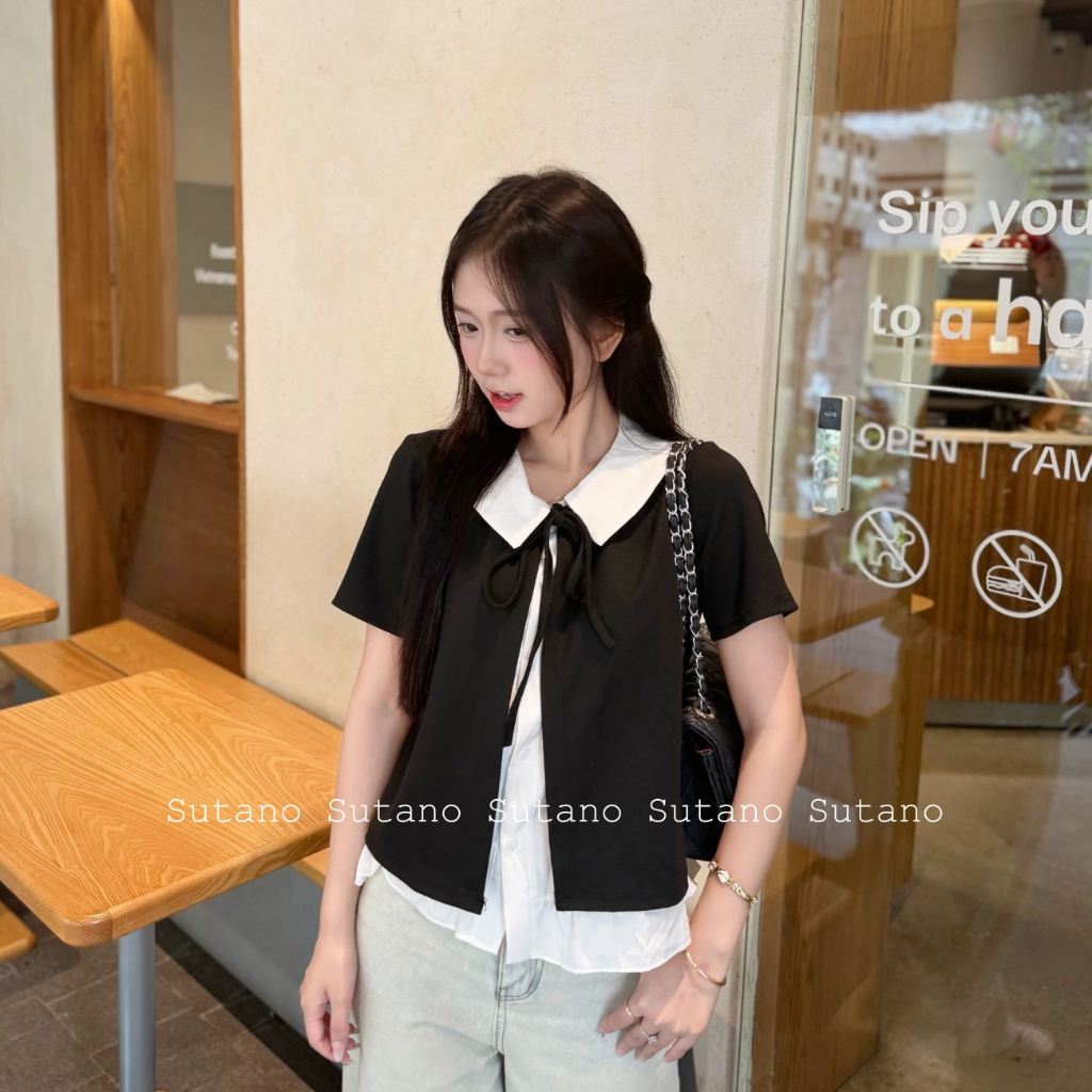 Áo sơ mi nữ cổ sen phối cách điệu dây buộc nơ viền bèo cộc tay A15 SUTANO | BigBuy360 - bigbuy360.vn