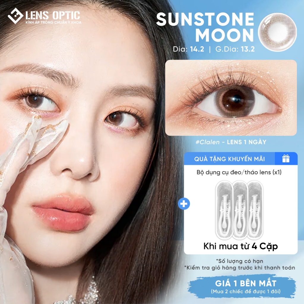Lens Màu Nâu Champagne Sunstone Moon Clalen Jewel 1 Ngày Chống UV DIA 14.2mm Có Độ/ Không Độ Cận
