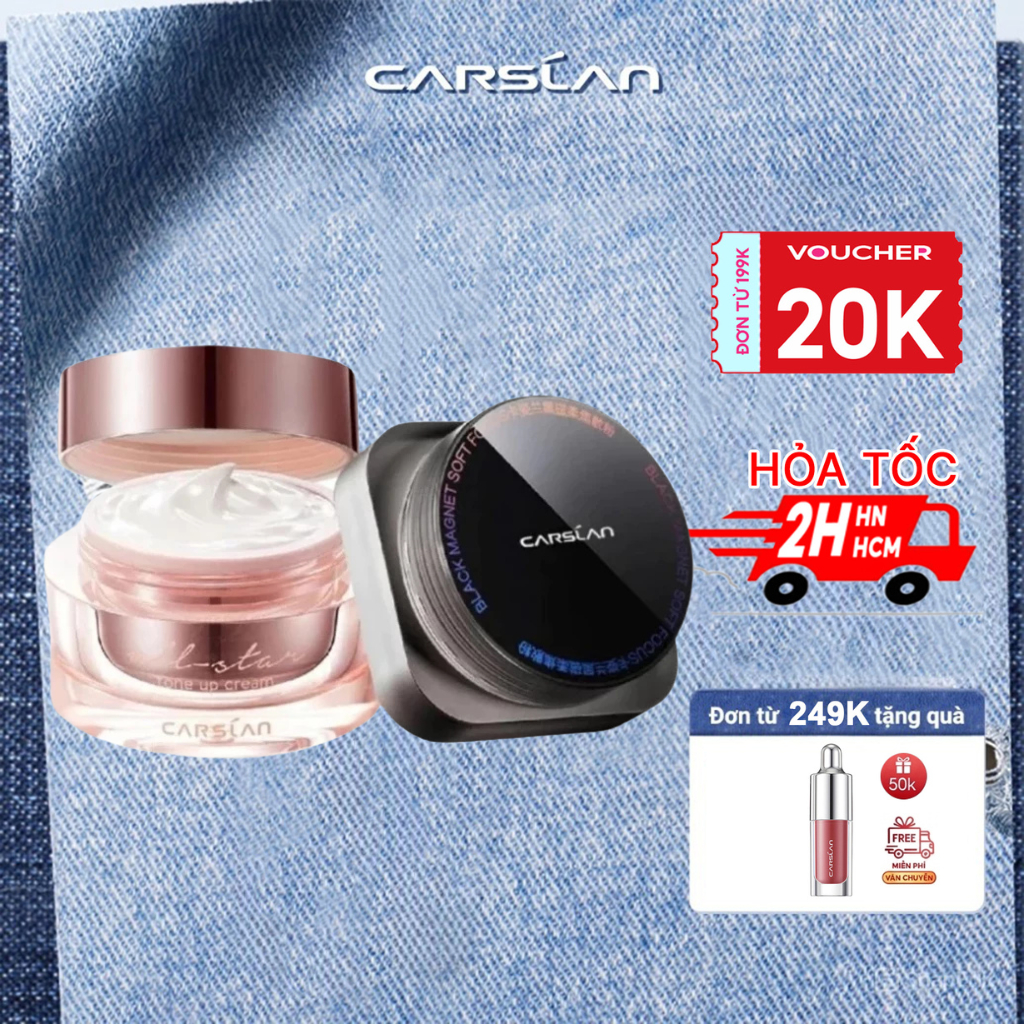 Combo kem lười Carslan nền nhanh, kháng nước– mịn lì+ phấn phủ Carslan kiềm dầu, khóa nền bền màu