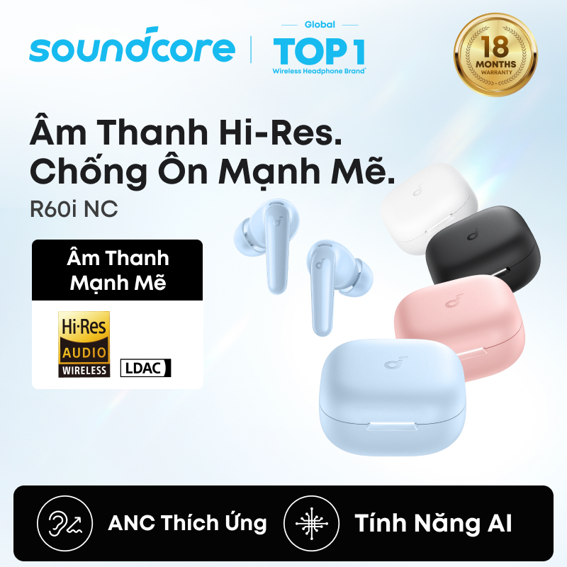 Tai nghe bluetooth soundcore R60i NC, chống ồn 52dB, âm thanh Hi-Res, pin 50H, phiên dịch AI