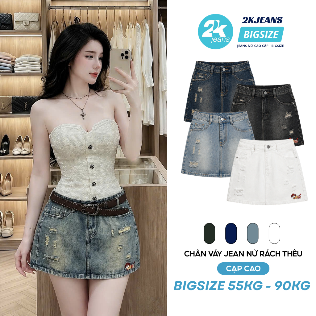 Chân Váy Jean Nữ Bigsize Rách Đùi Cạp Cao Thêu Họa Tiết Cún Có Lót Trong QC2122 2KJeans