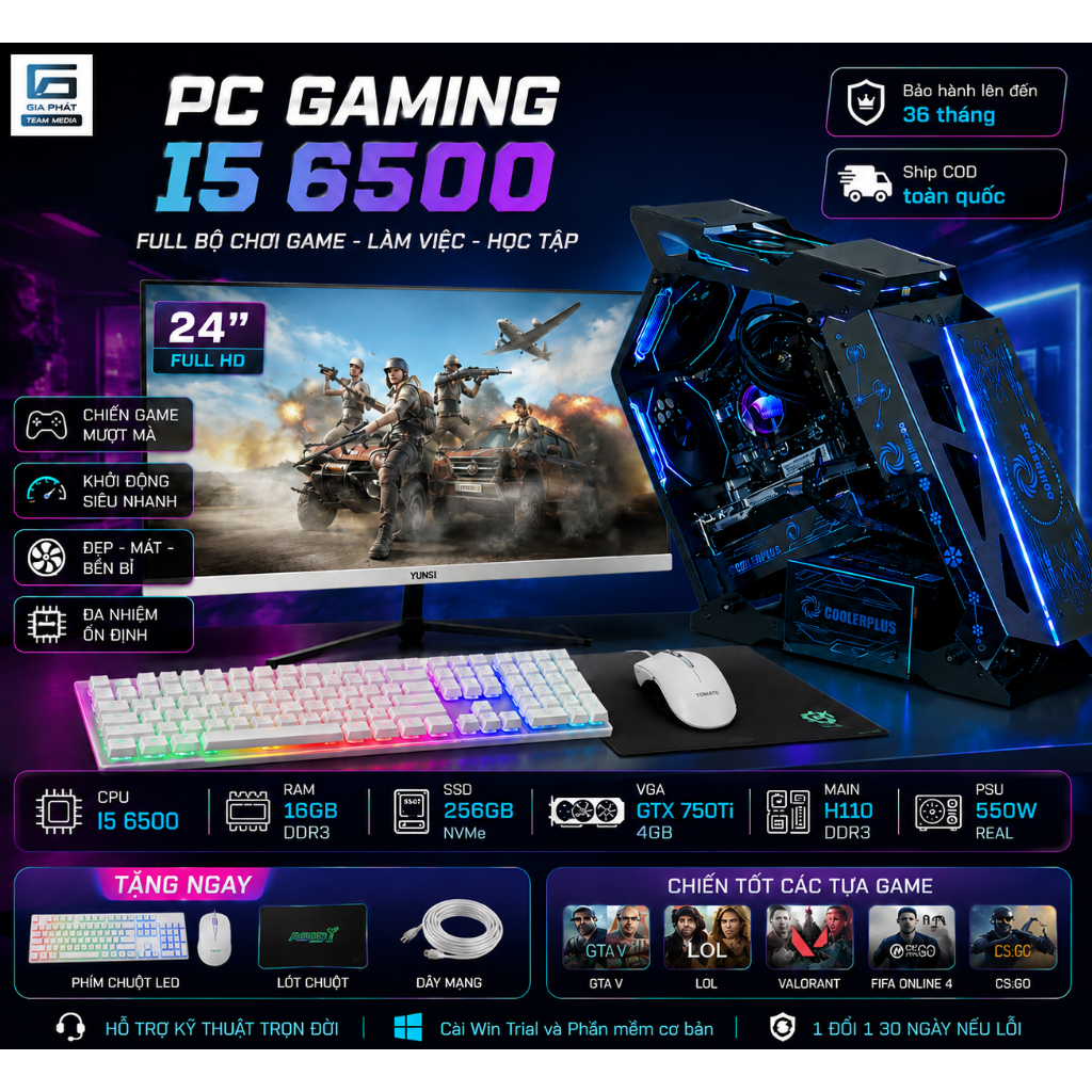 PC Gaming i5 6500 GTX 750Ti 4GB | RAM 16GB | SSD NVMe 256GB | Màn Hình 24 Inch Full HD | Full Bộ Chơ