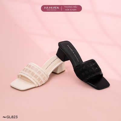 Guốc lê cao gót 5cm nữ HÀ HUYỀN, dép cao gót 5 phân quai ngang lưới gót vuông - GL823
