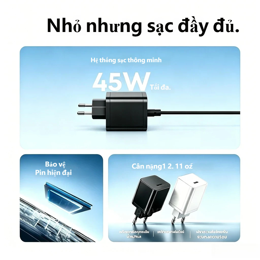 Củ sạc nhanh  45W 1 cổng USB-C Charging 3.0 Cho Sumsung S24 Ultra Cho Phone 17 pro Max