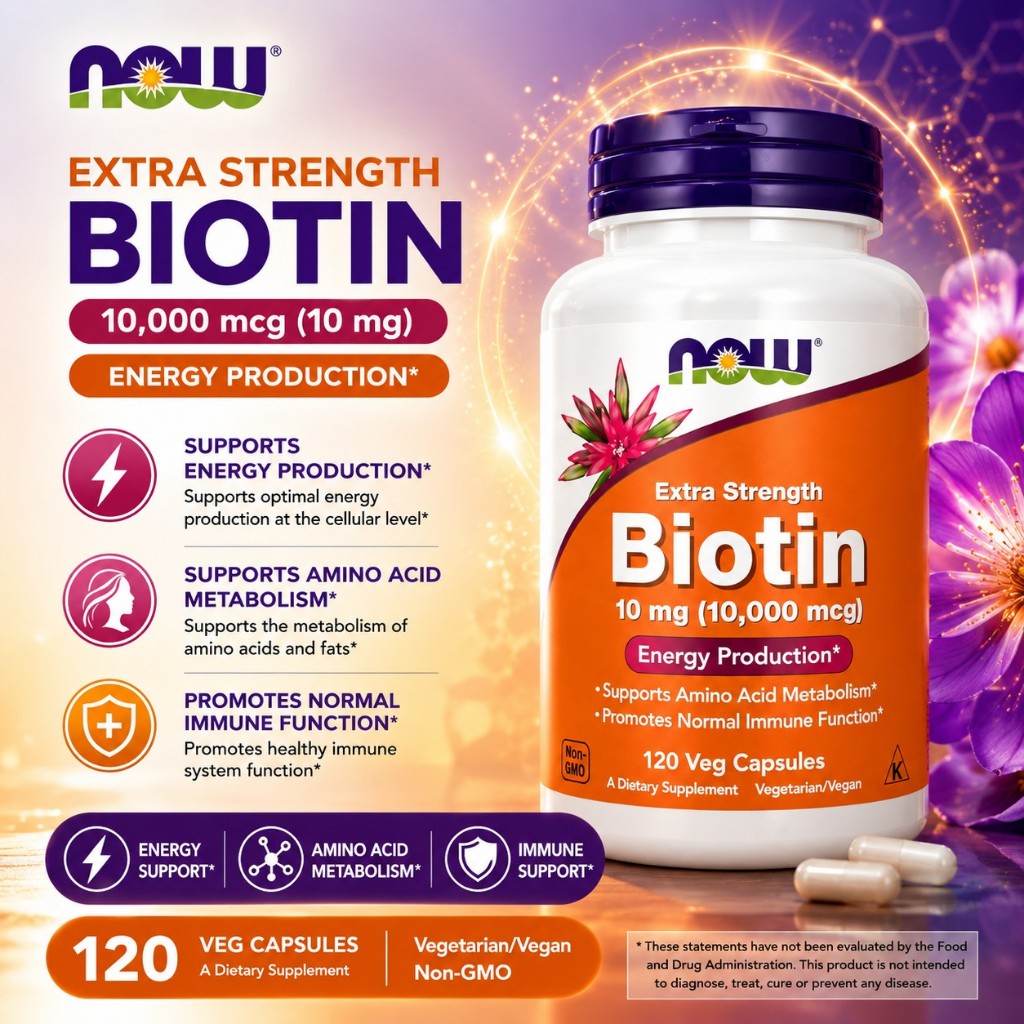 NOW Foods Extra Strength Biotin 10mg (10.000mcg) Veg Capsules – Viên Nang Chay Biotin Hàm Lượng Cao
