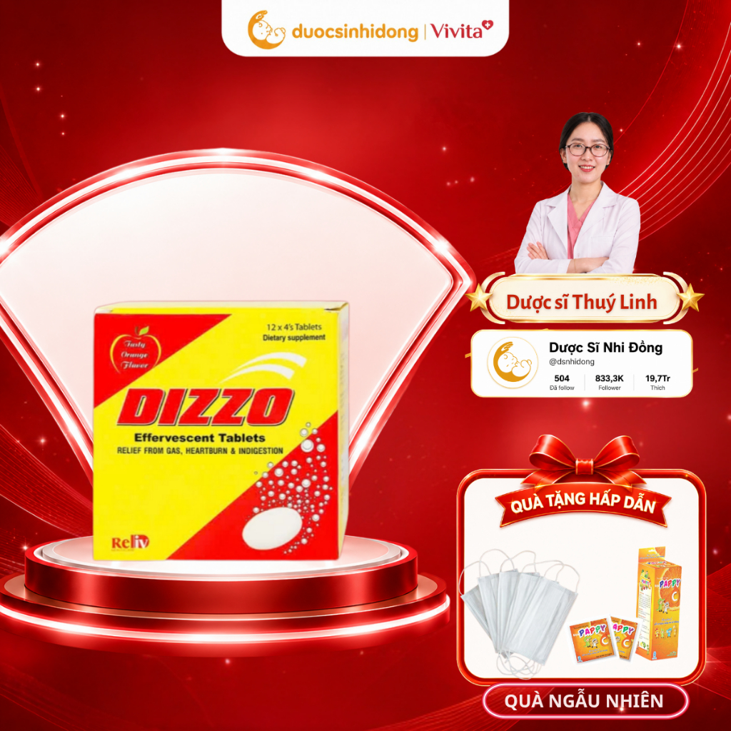 Viên sủi Dizzo Reliv hỗ trợ tiêu hóa, giảm triệu chứng đầy hơi, ợ hơi, khó tiêu ( Hộp 12 vỉ x 4 viên