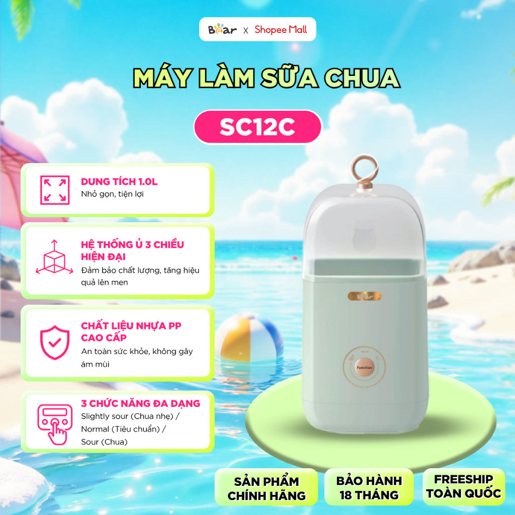 [Outlet S2] Máy Làm Sữa Chua BEAR 1L Lên Men Tự Động 3 Chức Năng Bảo Đảm An Toàn Vệ Sinh Thực Phẩm SB-SC12C