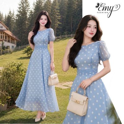 Đầm Thiết Kế EMY Thời Trang Cao Cấp EM9541 Vải Voan Tơ Bi Xanh Sang Trọng Thanh Lịch
