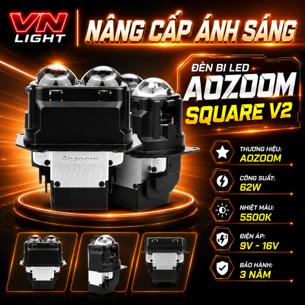 Đèn Bi LED Aozoom Square V2 62W Chính Hãng Siêu Sáng Cos Pha Rõ Nét Bám Đường Tốt Cao Cấp BH 3 Năm