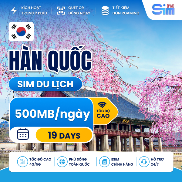 Sim du lịch Hàn Quốc 19 ngày 500MB/ngày tốc độ cao