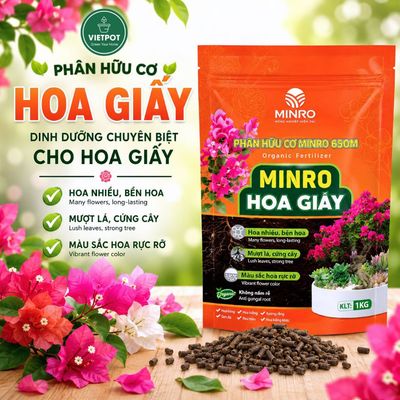 Phân Bón Hoa Giấy Minro 80 OM, bao 1kg, Vietpot, Hữu Cơ Cao Cấp, Kích Hoa Dày, Hoa Bền Màu, Dưỡng Rễ