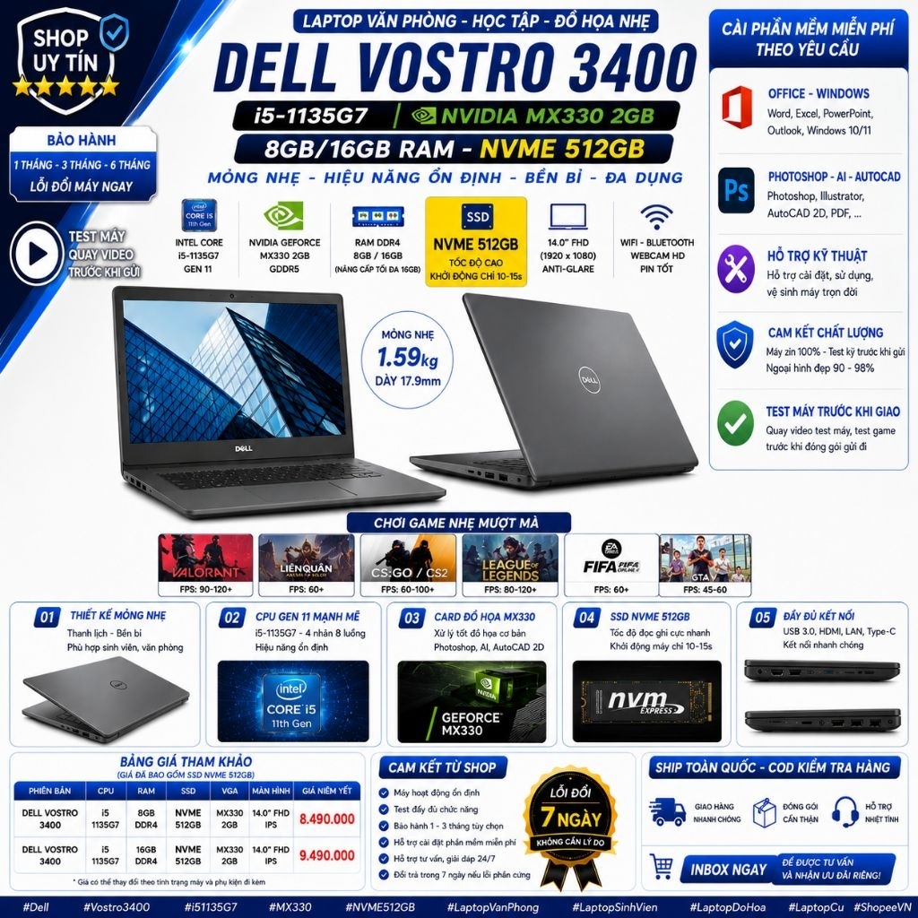 Dell Vostro 3400 i5-1135G7 MX330 2GB RAM 8GB 16GB SSD NVMe 512GB