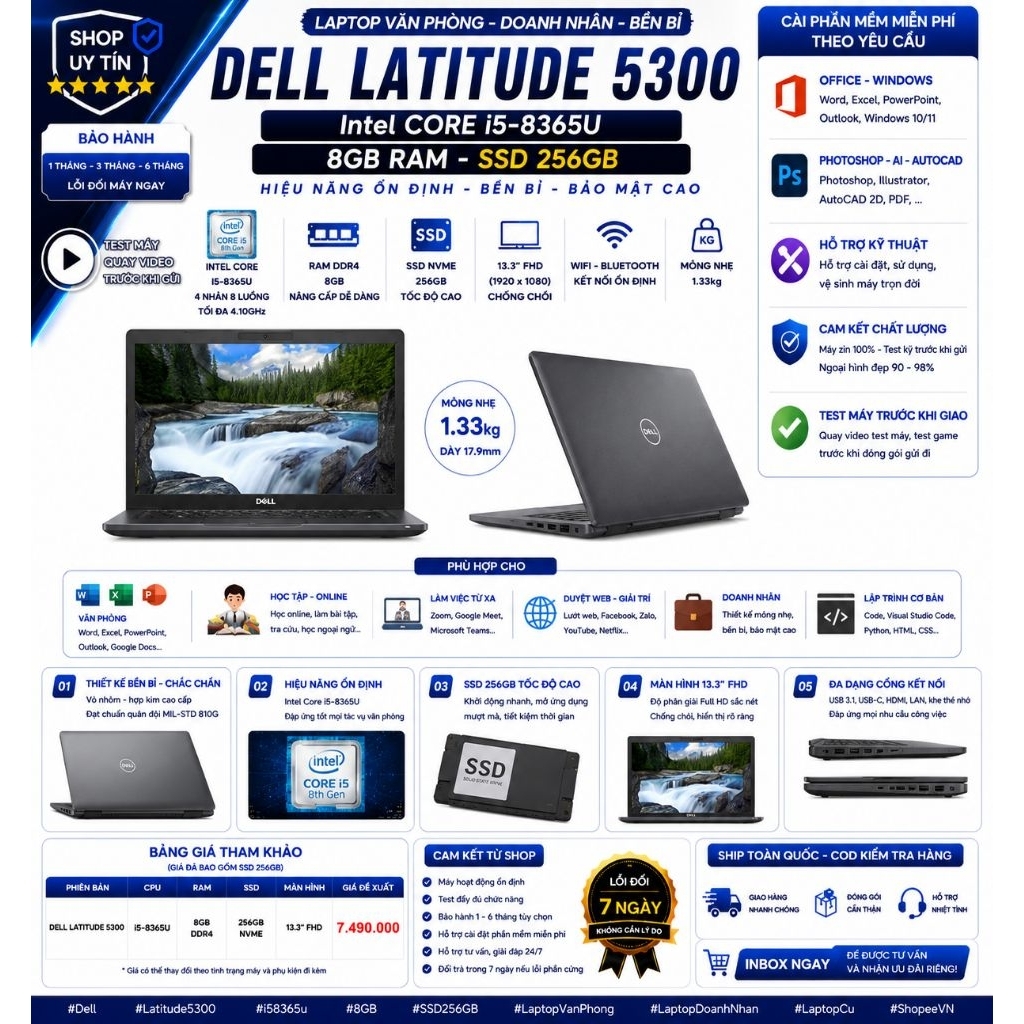 DELL LATITUDE 5300 | CORE i5-8365U | RAM 8GB | SSD 256GB NVME | LAPTOP DOANH NHÂN CAO CẤP