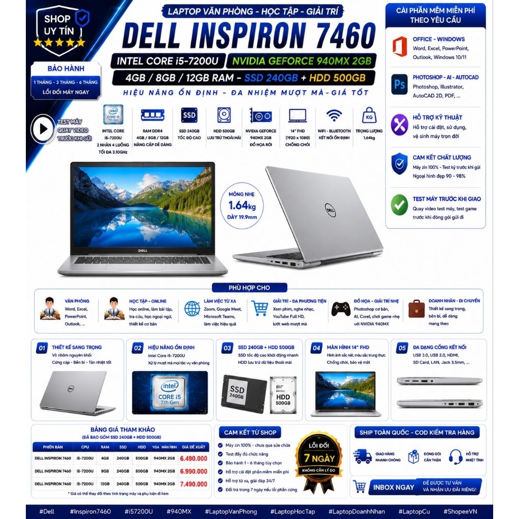 DELL INSPIRON 7460 | i5-7200U | NVIDIA 940MX 2GB | RAM 4GB/8GB/12GB | SSD 240GB + HDD 500GB