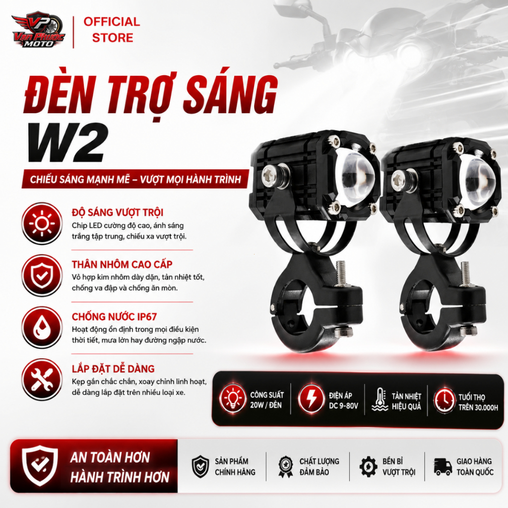 Đèn Bi Cầu Mini W2 Trợ Sáng 3 Chế Độ Tích Hợp Auto Passing Bản Mới Chiếu Sáng Mạnh Ổn Định Dễ Lắp