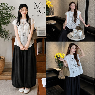 Set Đồ Nữ - Áo Họa Tiết Dáng Hàn Mix Với Quần Ống Rộng Phong Cách Nhẹ Nhàng Nữ Tính