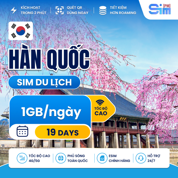Sim du lịch Hàn Quốc 19 ngày 1GB/ngày tốc độ cao