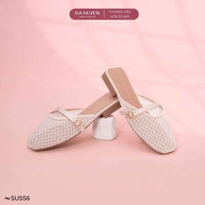 Giày sục nữ 2cm HÀ HUYỀN mũi vuông lưới quai ngang khoá cài gót cao 2cm - SU556