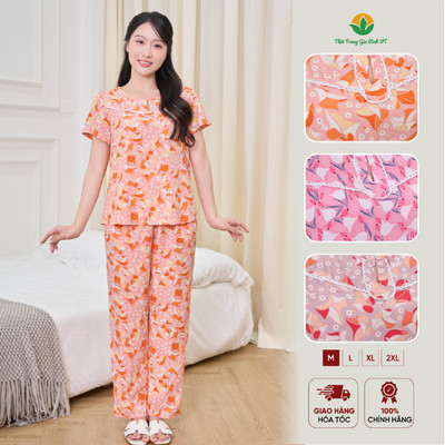 Bộ lanh nữ mặc nhà Việt Thắng , quần dài, áo cộc tay họa tiết chất mềm mát - B08.5040