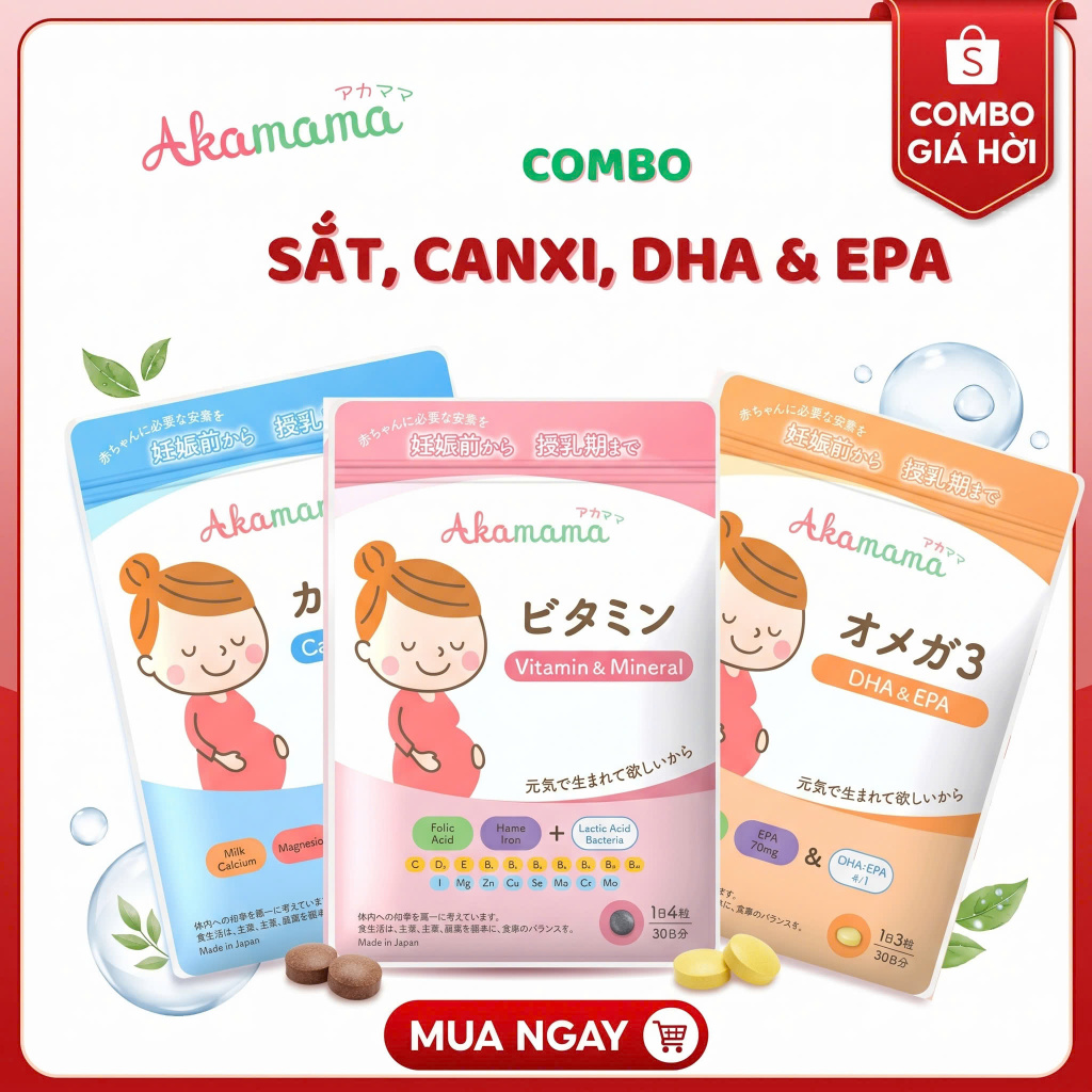 Combo Sắt, Acid Folic, Vitamin Tổng Hợp, Khoáng Chất, DHA, EPA, Canxi D3 K2 Cho Mẹ Bầu Akamama Nhật 