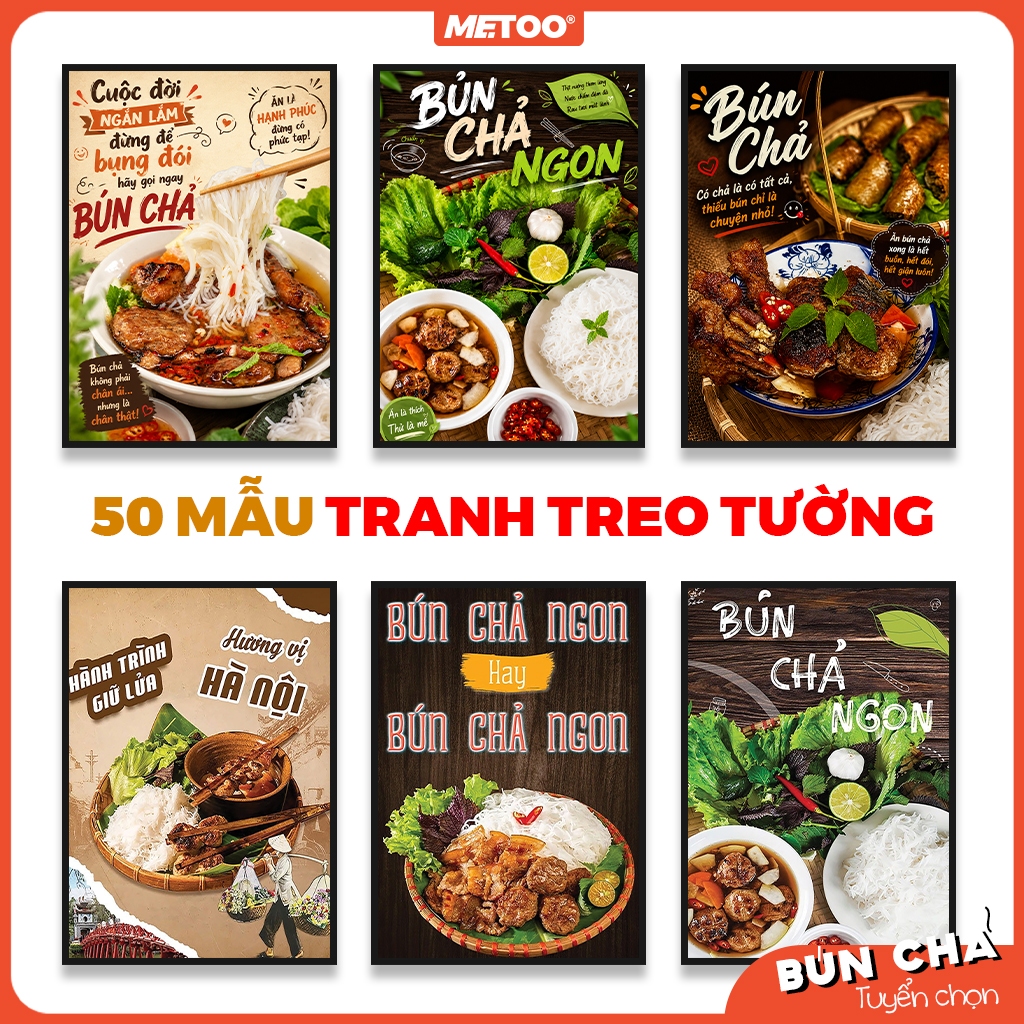 Tranh quán bún chả chấm, tranh bún chả nướng, bún chả nem treo tường có khung - METOO