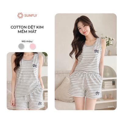 Đồ bộ mặc nhà nữ  SUNFLY cotton kẻ ngang áo sát nách quần sooc trẻ trung ST9411