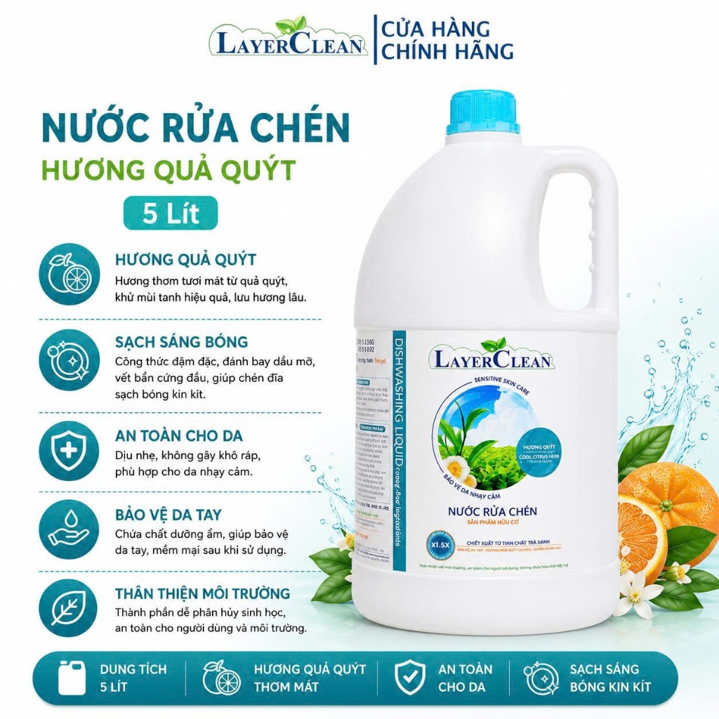 Nước rửa chén hữu cơ Layer Clean - can 5L siêu tiết kiệm