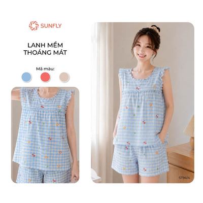 Đồ bộ mặc nhà nữ SUNFLY lanh mềm mát áo sát nách quần sooc ST9414