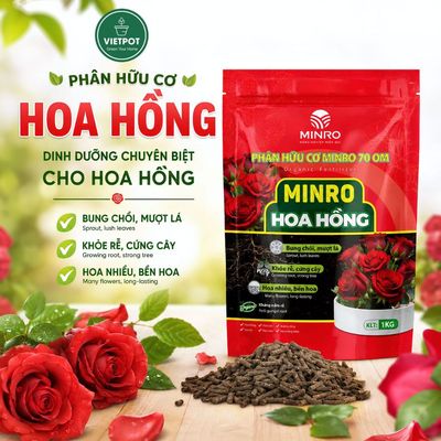 Phân Bón Hoa Hồng Minro 70 OM, bao 1kg, Vietpot, Hữu Cơ Cao Cấp, Kích Hoa Dày, Hoa Bền Màu, Dưỡng Rễ
