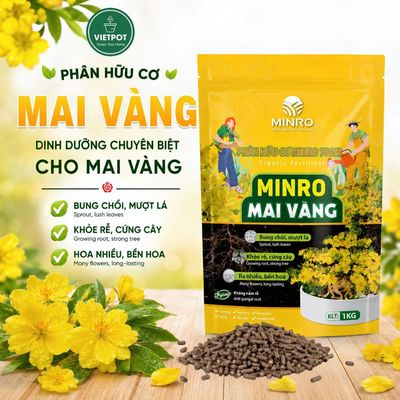 Phân Bón Hoa Mai Minro 70 OM, bao 1kg, Vietpot, Hữu Cơ Cao Cấp, Kích Hoa Dày, Hoa Bền Màu, Dưỡng Rễ