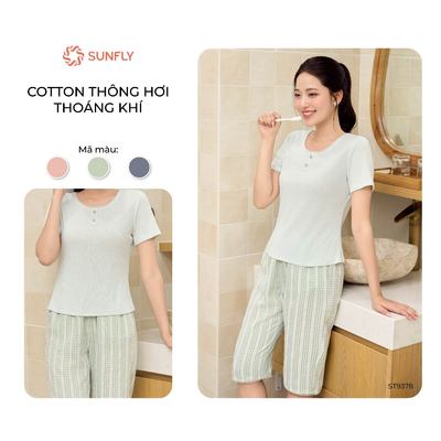 Đồ bộ mặc nhà nữ SUNFLY áo cotton thông hơi thoáng mát cộc tay quần ngố kate ST9378