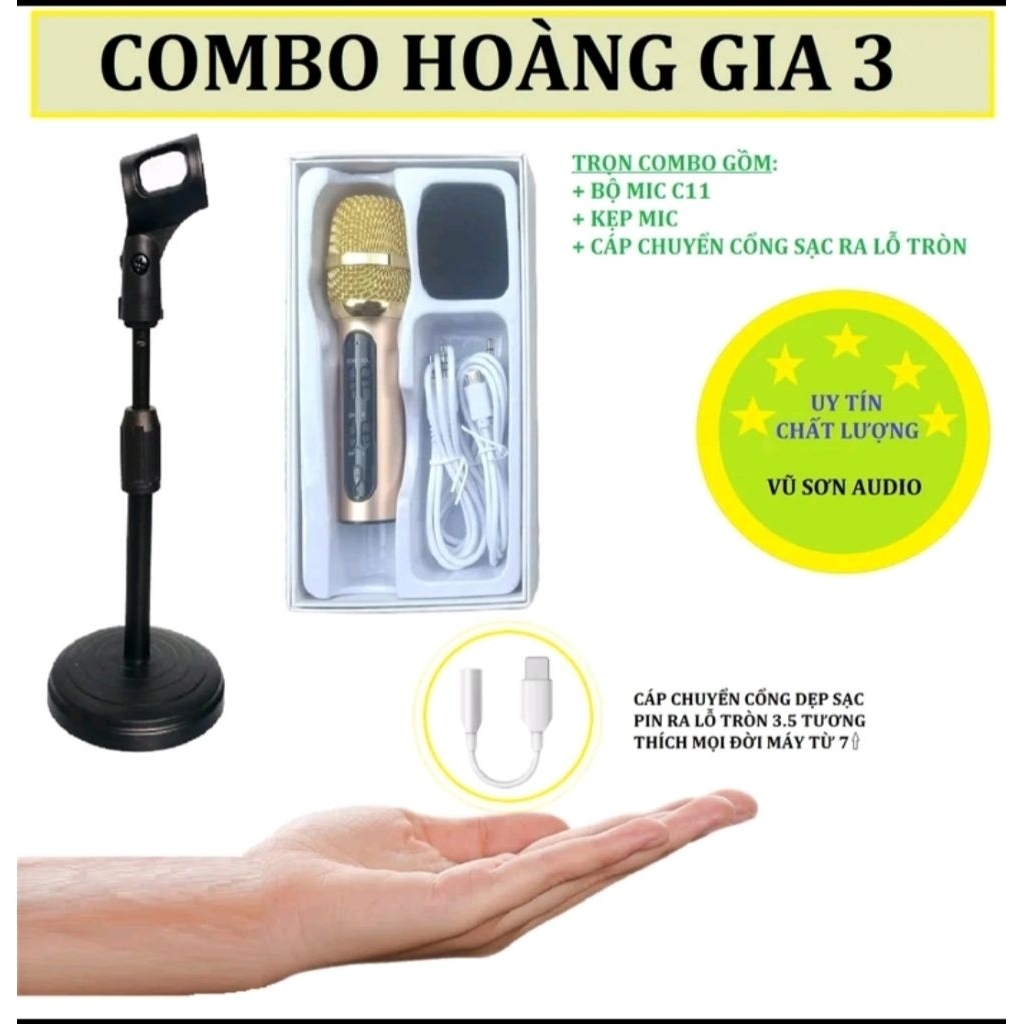 [HOÀNG GIA 3] Combo Micro C11 nâng cấp 3 dây, kèm giá đỡ mic và cáp chuyển cổng cho máy AiiPhone từ 