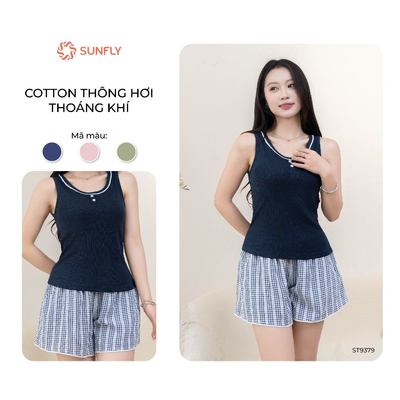 Đồ bộ mặc nhà nữ SUNFLY áo cotton thông hơi cộc tay quần sooc kate ST9379