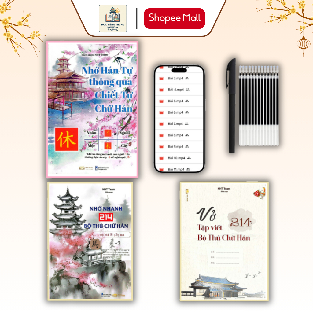 Sách-Combo:Nhớ Hán Tự Thông Qua Chiết Tự + Nhớ Nhanh 214 Chữ Hán + Vở tập viết 214 Bộ Thủ Chữ Hán+KÈ