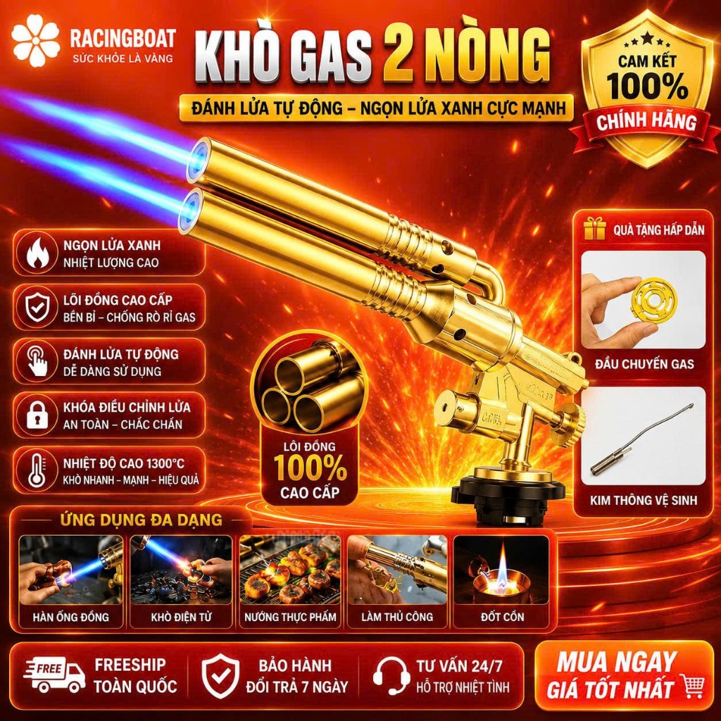 HCM- Khò Gas 2 Nòng Đánh Lửa Tự Động, + tám chắn lửa