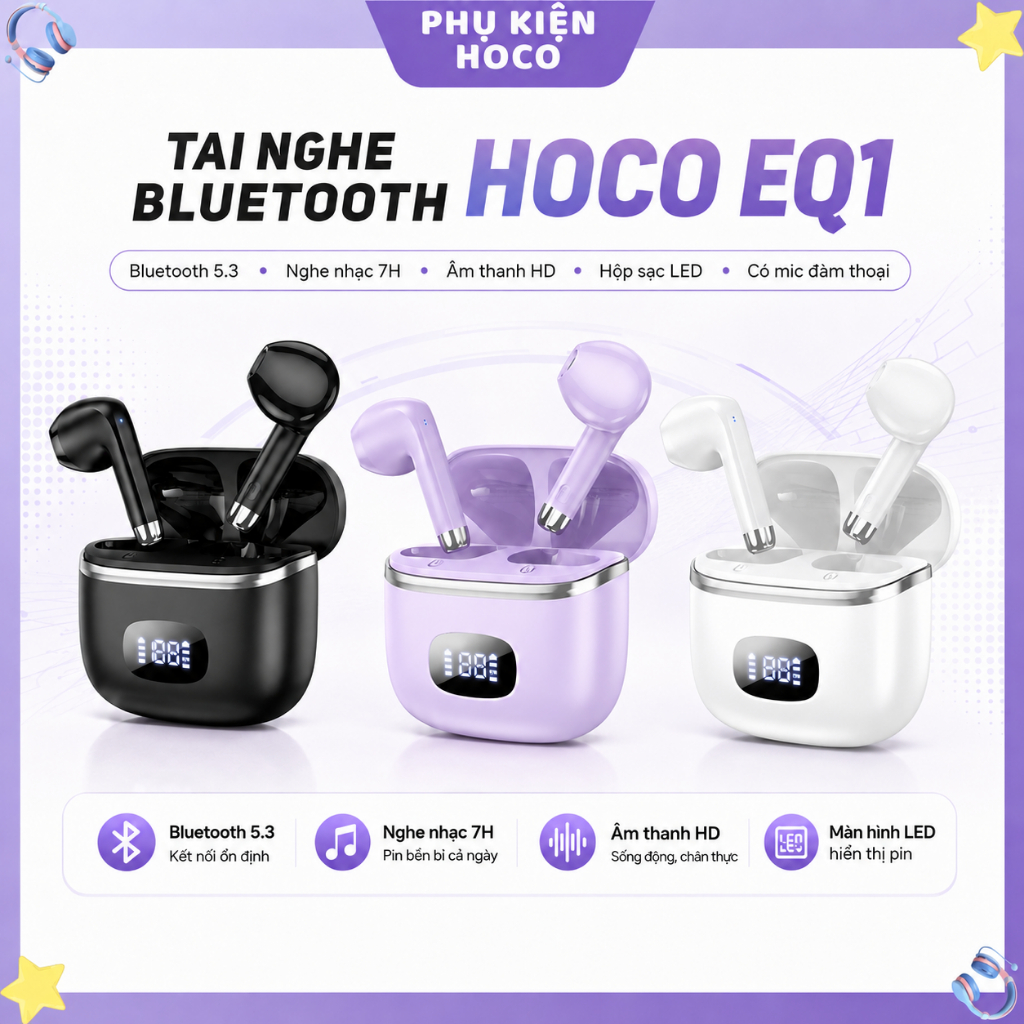 Tai Nghe Bluetooth 5.3 Hoco EQ1 Nghe Nhạc 7H Âm Thanh HD , Hộp Sạc LED Hiển Thị Pin, Có Mic Đàm Thoạ