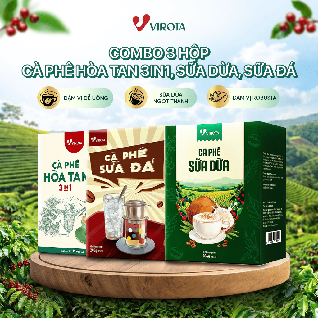 Combo 3 hộp Cà phê hòa tan 3in1, Cà phê sữa đá & Cà phê sữa dừa - Cà phê đậm vị Robusta