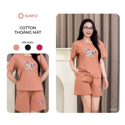 Đồ bộ mặc nhà nữ  SUNFLY cotton áo cộc quần sooc họa tiết ngựa trendy ST9382