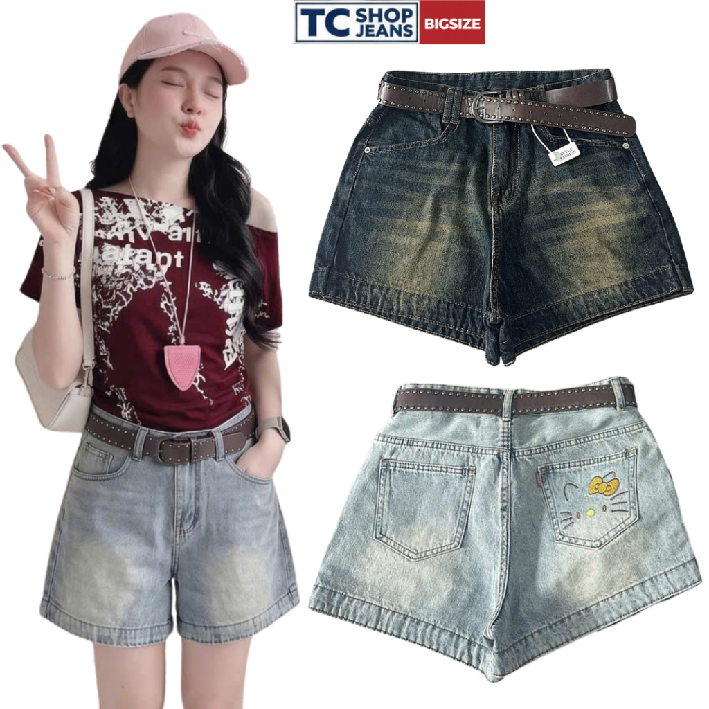 Quần short jean cạp cao thêu kitty túi dễ thương TC SHOP JEANS bigsize 55-90kg chất jean QC xịn mướt