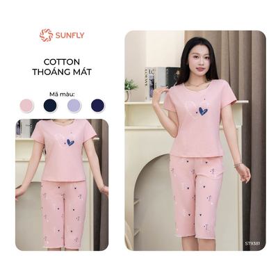 Đồ bộ mặc nhà nữ SUNFLY cotton co dãn thoải mái áo cộc quần ngố ST9381