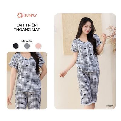 Bộ mặc nhà pijama nữ SUNFLY lanh mềm mát áo cộc quần ngố ST9377