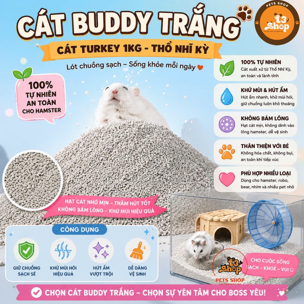 cát Turkey 1kg  - thổ nhĩ kỳ (buddy trắng) ít bụi và thơm dành cho hamster / fat tail (đuôi mập) - T