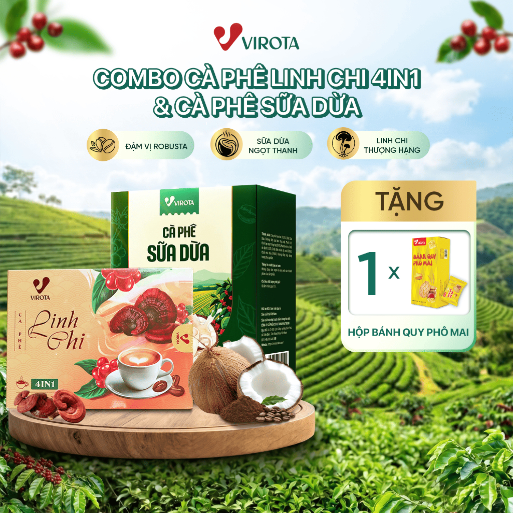 Combo 2 hộp Cà phê Linh Chi 4in1 & Cà phê sữa dừa - Tặng 1 hộp bánh quy linh chi phô mai