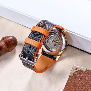 Dây đồng hồ thủ công Epsom Pháp màu đen phối cam thích hợp với đồng hồ cơ, pin và cho Apple watch WEMODA